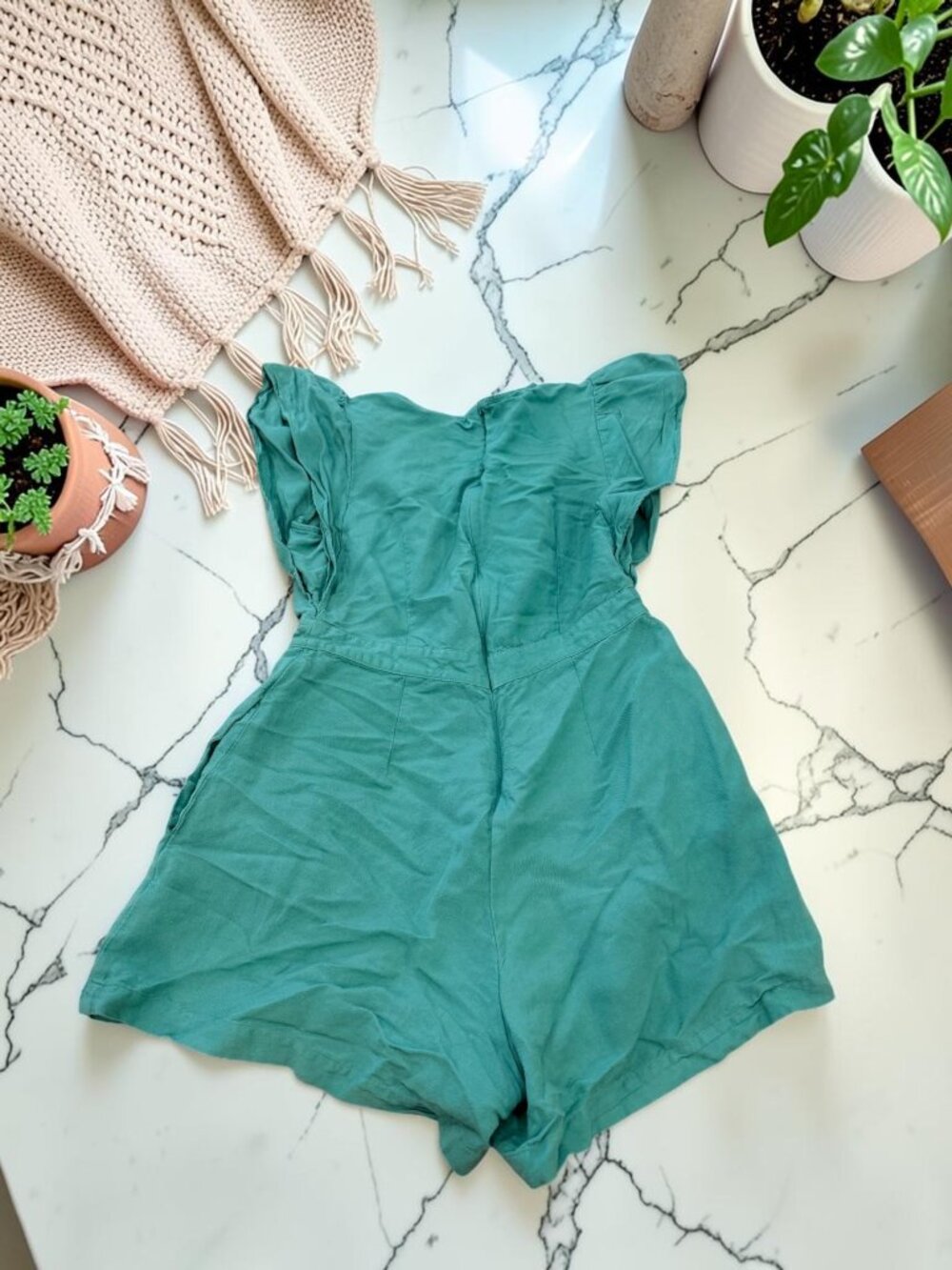 Ann Taylor Kelly Green Linen Romper Flutter Sleeve Size 0Petite Pockets - Picture 8 of 9